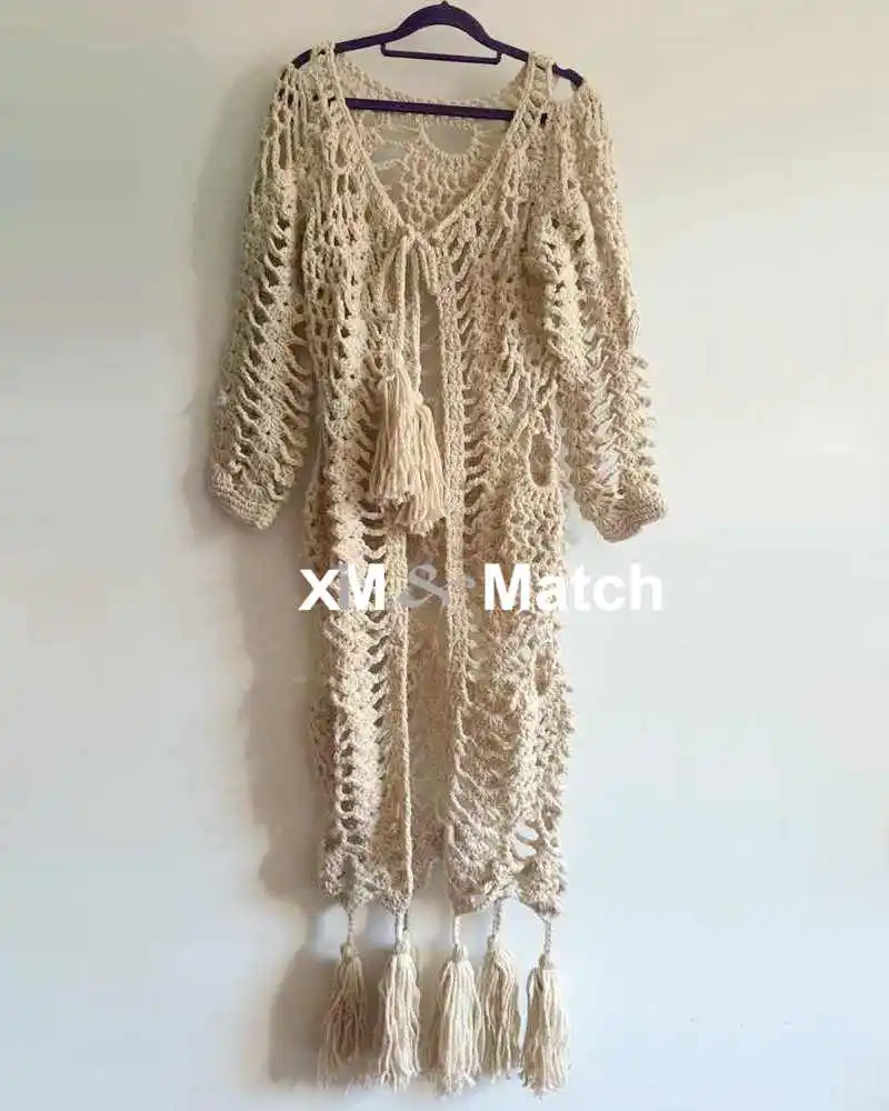 Модный новый вязаный длинный кардиган с бахромой ажурный ручной работы CD12001B |