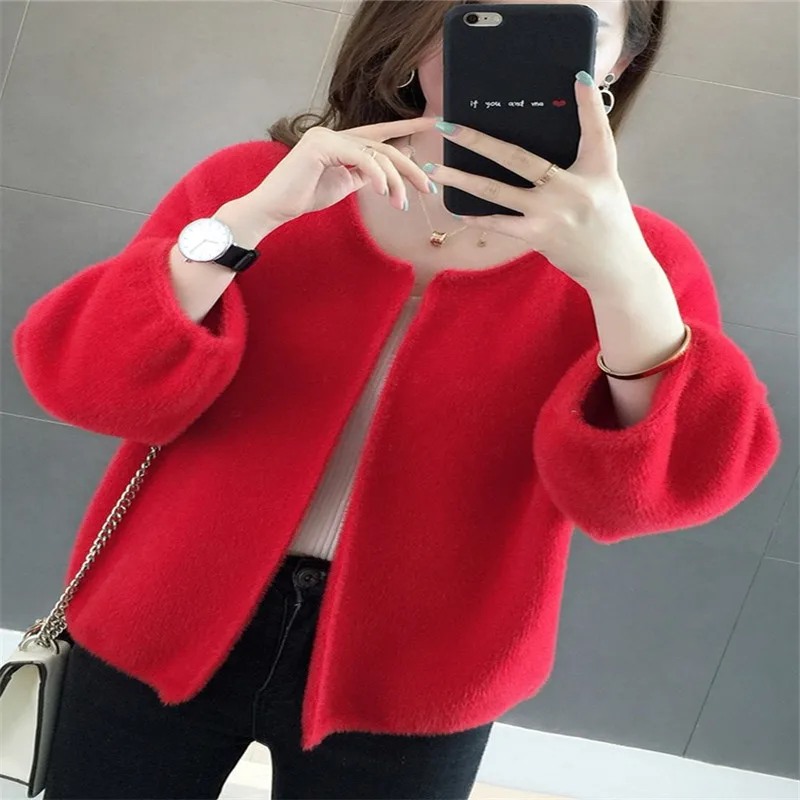 Red Kemixiaoxuan, Новое поступление, вязаные кардиганы, женские, с круглым вырезом, три четверти, однотонные, повседневные, открытая стежка, для женщин - Цвет: Red