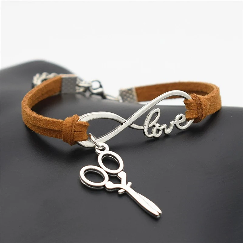 Light brown Стильный Рождественский подарок уникальный парикмахерский кулон ножницы ЛЮБОВЬ Бесконечность Шарм кожаные браслеты для женщин Ножницы наручные ювелирные изделия - Окраска металла: Light brown