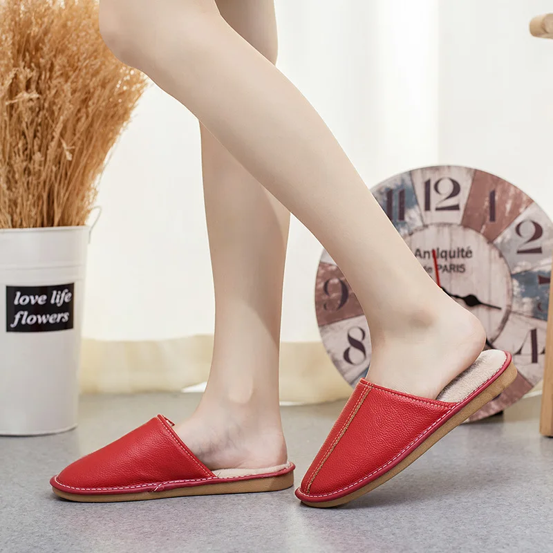 Winter Ladies Warm Non-Slip Slippers Couples Genuine Leather Thick Bottom Flat Shoes Women Home Men's |