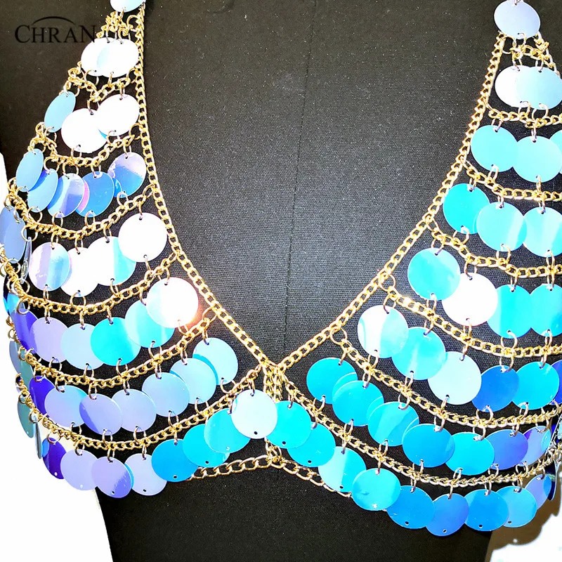 Chran Seascale Mesh Bra Bralet Womens Sequins Metal Chain Crop Tops 2018 Summer Harness Halter Necklace Nightclub Party Jewelry | Украшения