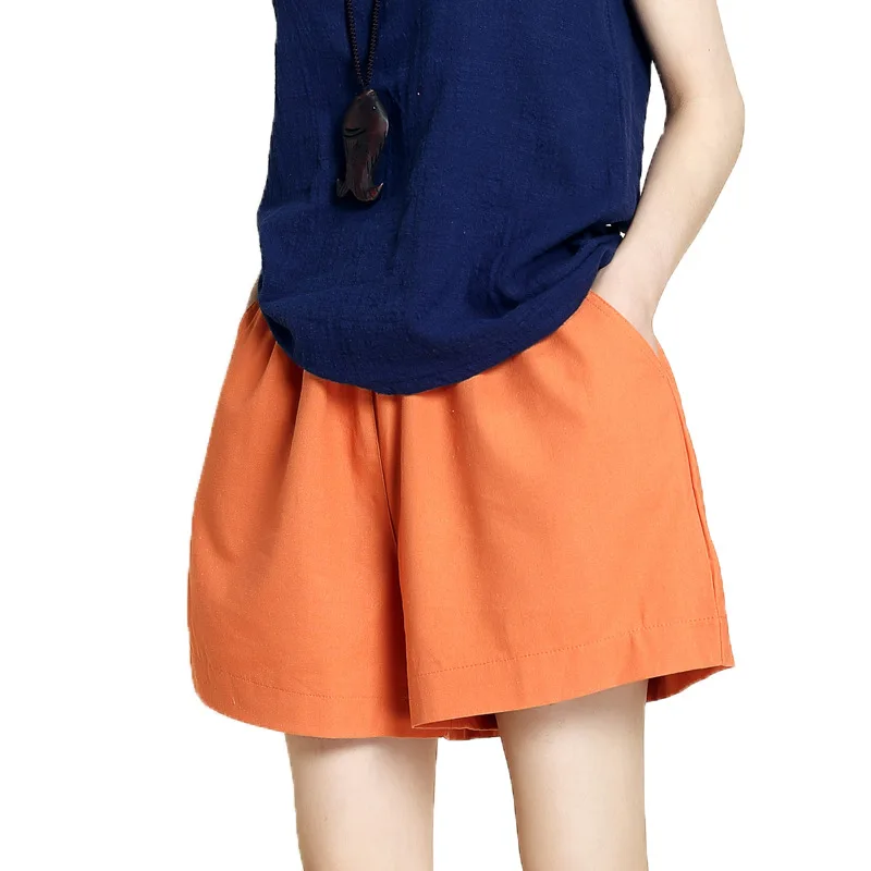 

Summer cotton loose shorts women female leisure wide leg Linen shorts Plus large Size Elastic waist short pants women