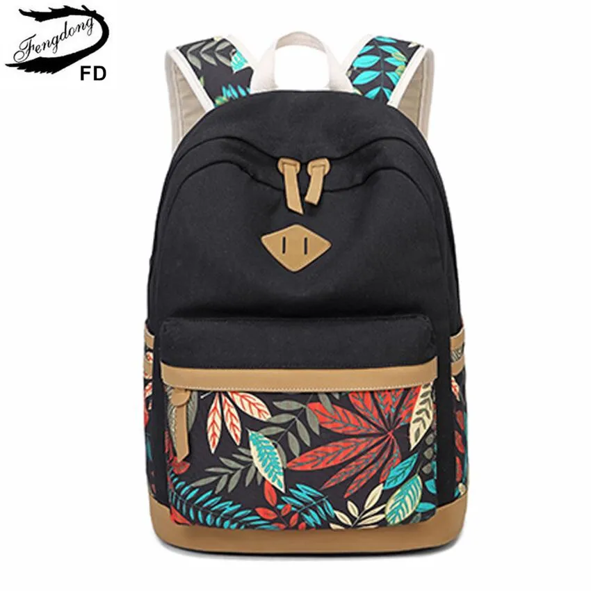 FengDong, винтажный тканевый школьный рюкзак с принтом листьев для детей, школьные сумки для девочек, детская сумка для книг, женский рюкзак для ноутбука 14