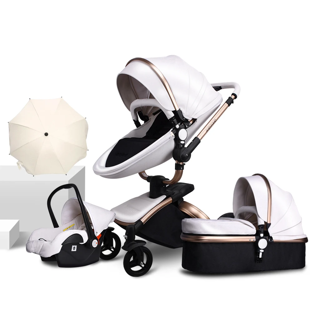 white 4 pcs Babyfond Роскошная детская коляска 3 в 1, модная коляска с автомобильным сиденьем, Золотая рама, европейская коляска с зонтиком, подарки, без налогов - Цвет: white 4 pcs