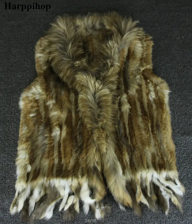Women Genuine Natural Real rabbit fur Knitted Vests /Waistcoat/ gilet /coats with tassels Raccoon Fur collar enlarge