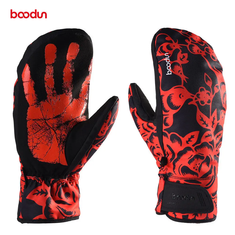 black red Boodun мужские и женские водонепроницаемые зимние теплые перчатки для катания на лыжах ветрозащитные утолщенные спортивные мотоциклетные перчатки для сноуборда, лыж - Цвет: black red