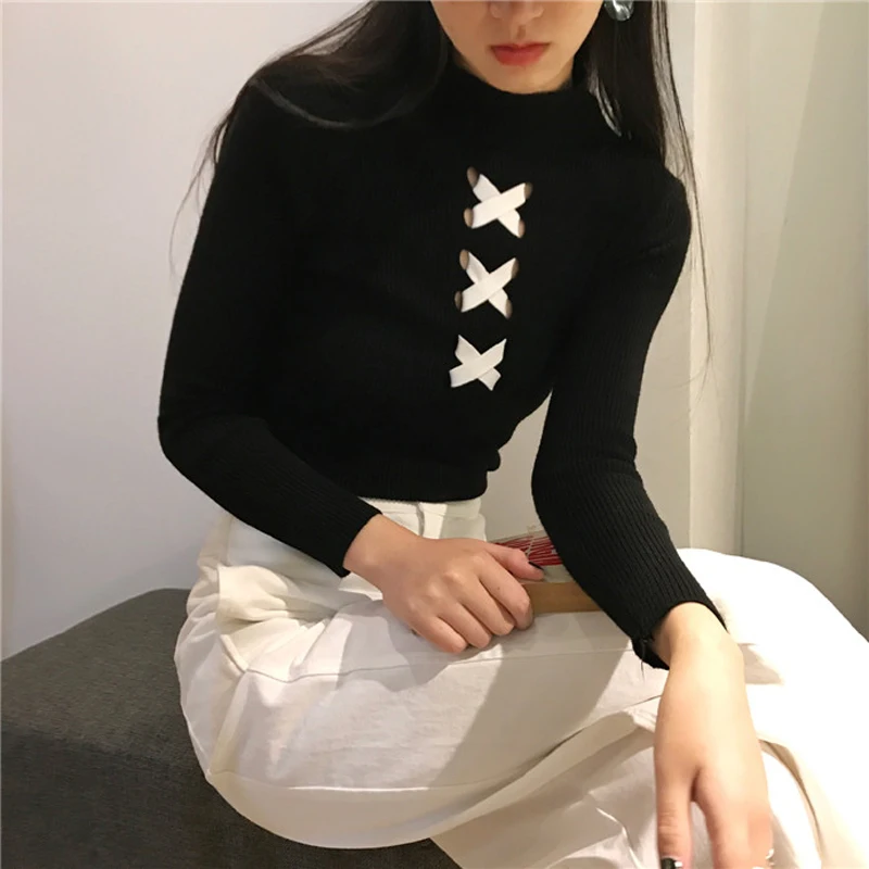 Autumn O-neck CrissCross Women Sweater Skinny Elastic Full Sleeve Knitted Pullovers Feminino Soft Femme Jumper 2018 high quality | Женская