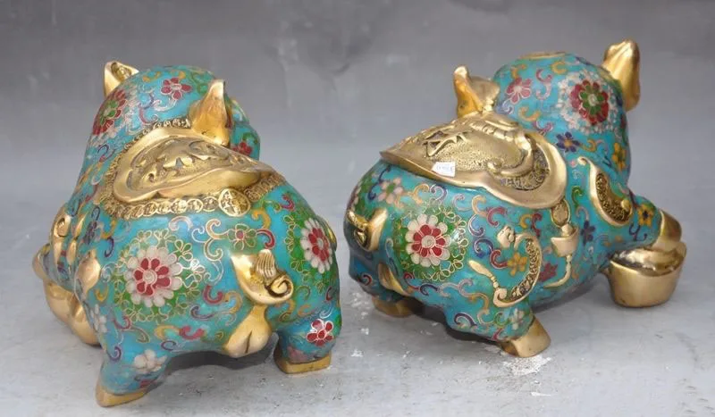 

Christmas 8"Chinese bronze Cloisonne Enamel wealth gourd yuanbao happy Fu pig lucky statue Halloween