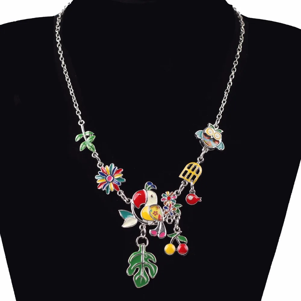 Ожерелье женское эмалированное в виде птицы и листьев вишни|jewelry for women|statement