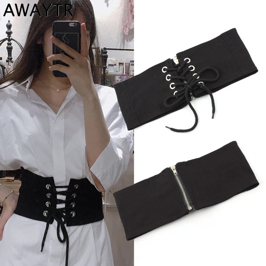 AWAYTR New Luxury Brand Designer Belt For Women Elastic Bandage Black Belt For Dress Jeans Shirt Belt Female Zipper Waistband