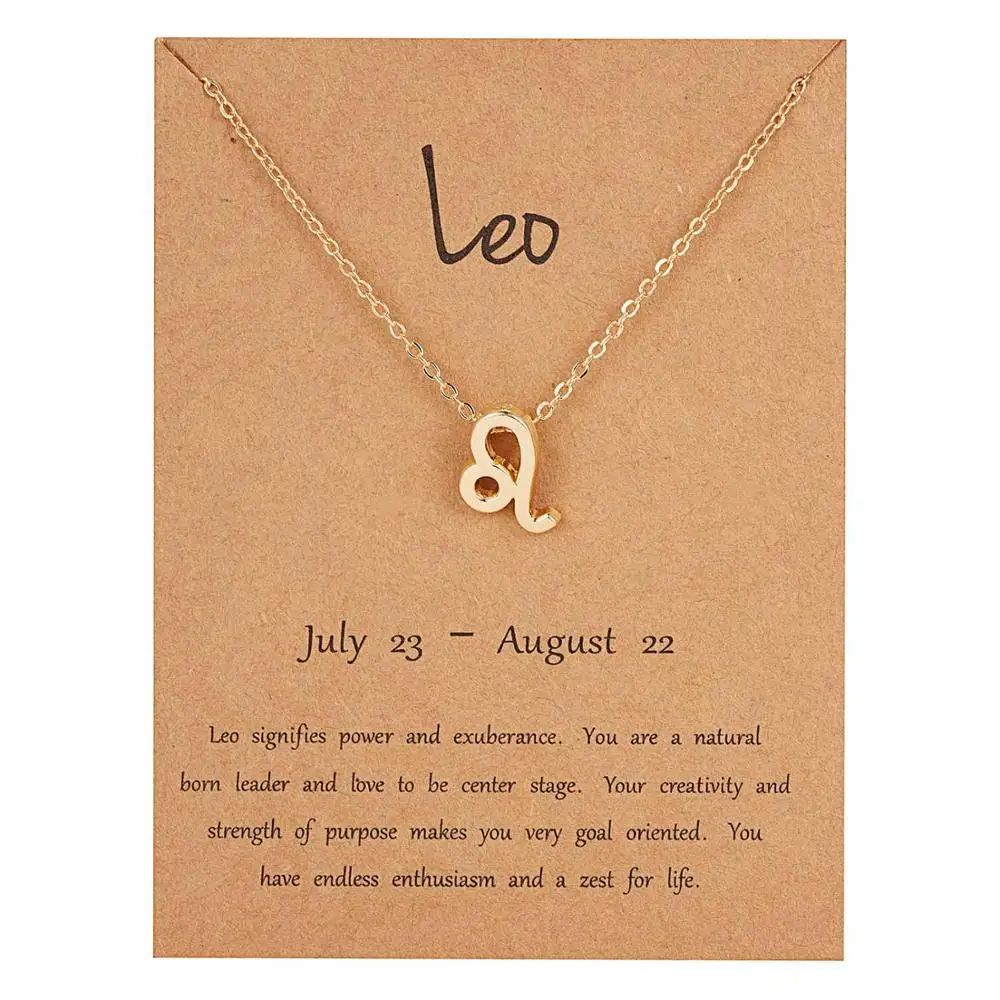 gold Leo Rinhoo 12 Constellation Necklace Zodiac Sign necklace with Card Pendant Necklace charm Message Card Birthday Gift for Women Girl - Окраска металла: gold Leo