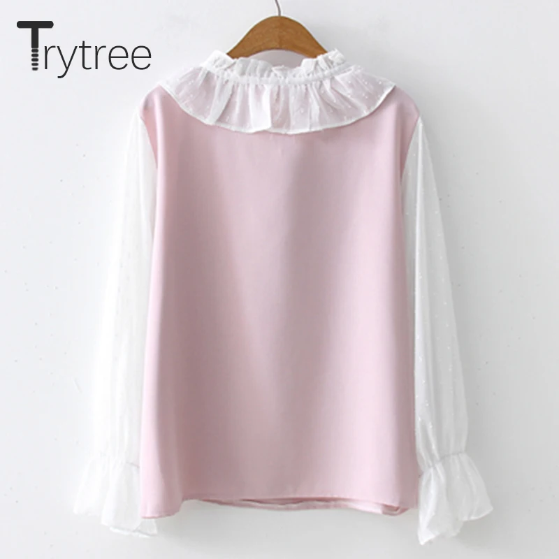 Ttytree лето осень тонкие блузки с рукавом-бабочкой Повседневная рубашка для женщин гофрированный воротник шелковистые Топы Розовые белые офисные женские рубашки