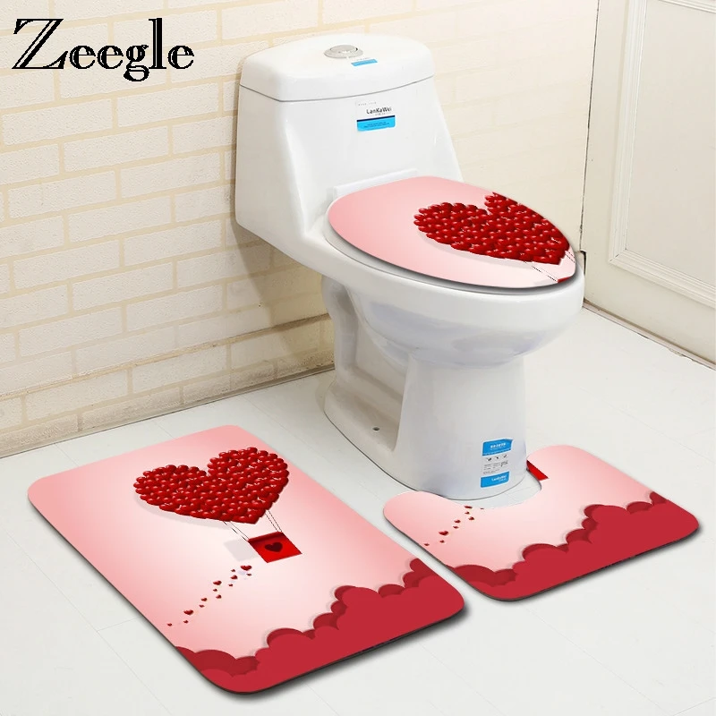 

Zeegle Valentine's Pattern 3Pcs Bath Mat Set Toilet Rugs Anti-slip Toilet Floor Mats Bathroom Rugs Flannel Toilet Seat Cover