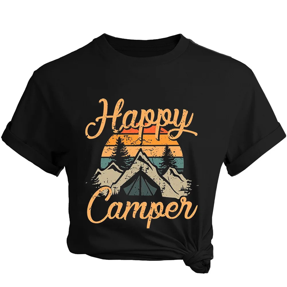 Happy Camper/женские футболки с буквенным принтом в стиле Харадзюку; Модные Повседневные базовые футболки с коротким рукавом и круглым вырезом; свободные футболки унисекс черного цвета