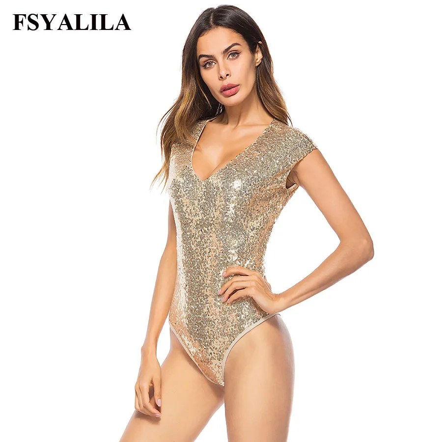 Sequin sheer боди короткий рукав на лето и весну V Средства ухода за кожей шеи черный комбинезон на молнии Bodycon пикантные Клубные вечерние золотой