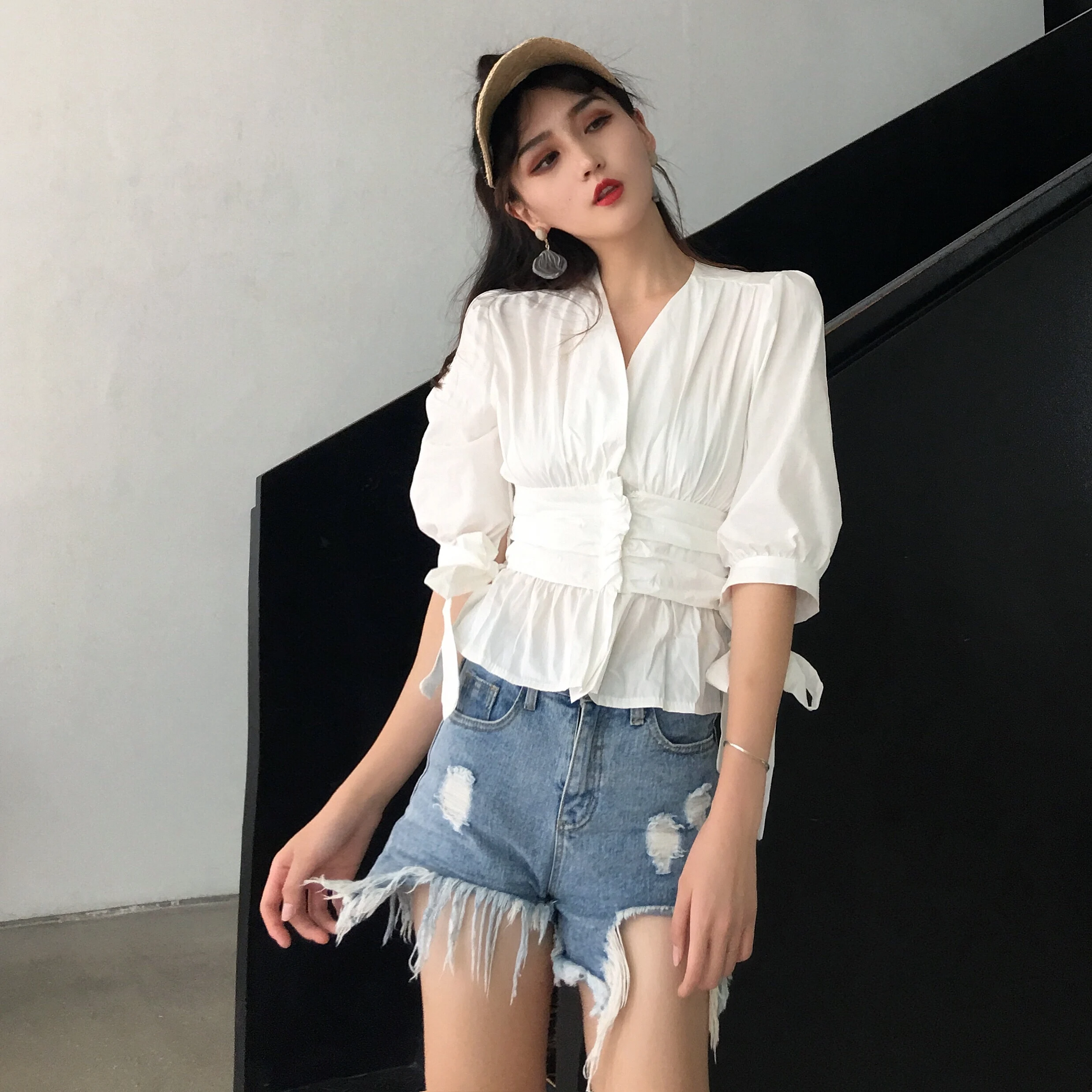 V-neck Blue Blouse Women Puff Sleeve Slim Vintage Korean Design Office Style Casual Shirt Temperament 2019 Summer Vogue |