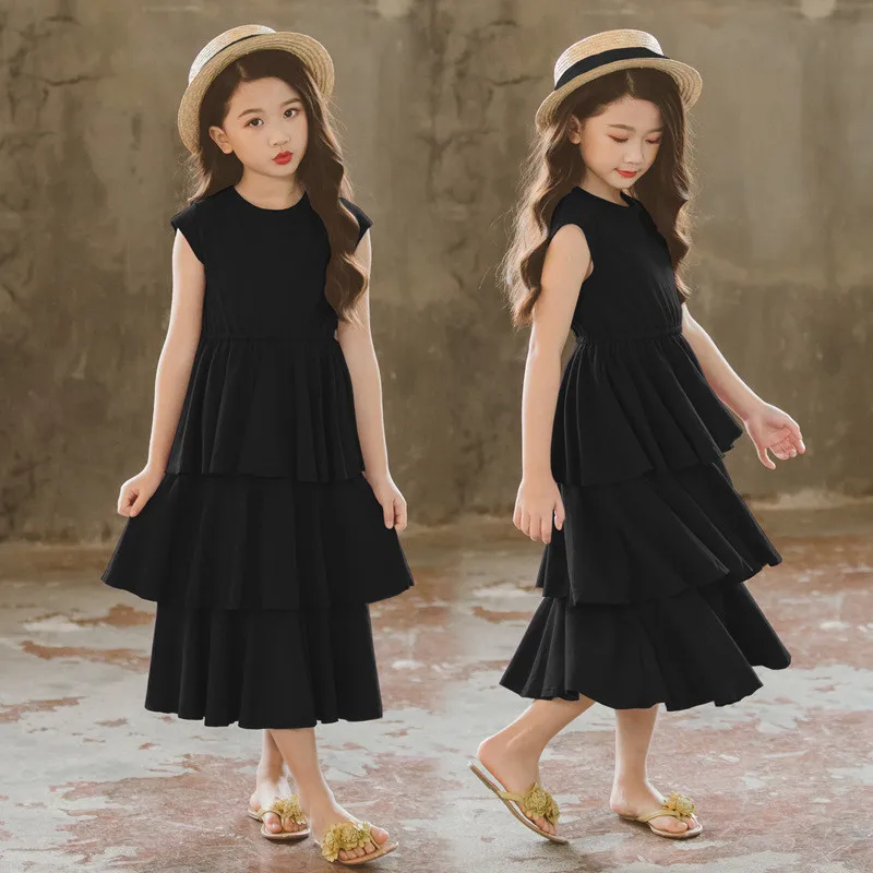 4 to 16 years kids &amp teenager girls solid black layered ruffle flare long dress children fashion summer casual maxi dresses | Детская
