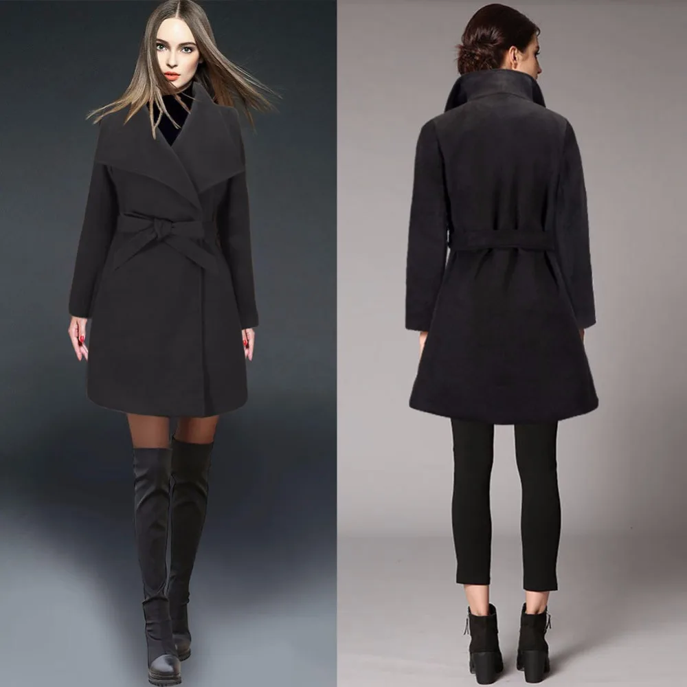 2018 зимнее пальто женский широкий лацкан и пояс Шерстяная Смесь шерстяной