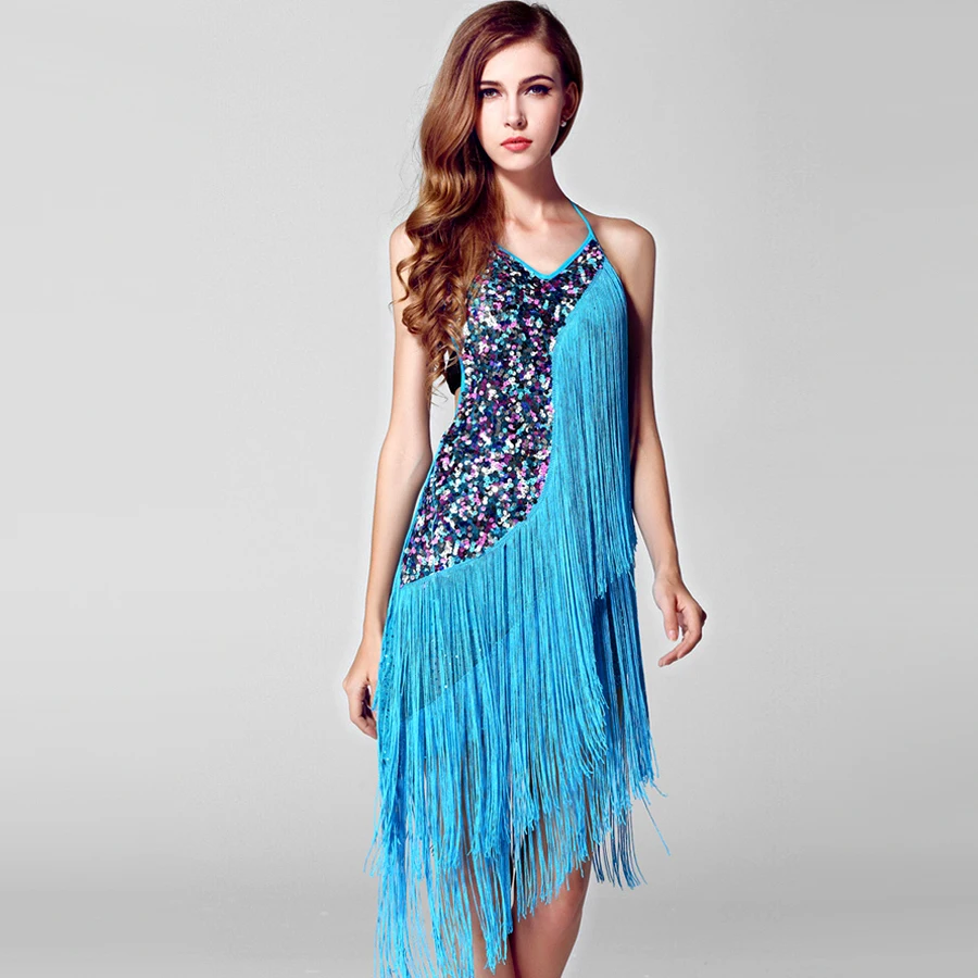 2018 Новый ча-ча платье красный/Голубое озеро бахромой платья Бесплатная Размеры