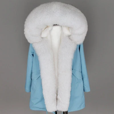OFTBUY, пальто с натуральным мехом, зимняя куртка, Женская длинная парка, Воротник из натурального Лисьего меха, капюшон, подкладка из искусственного меха, Свободное пальто, ins, модная новинка - Цвет: blue coat white fur