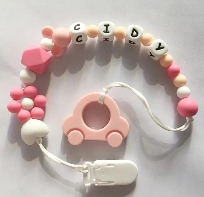 baby pink Персонализированные Имя Силиконовые Прорезыватели соска зажимы с автомобилем силиконовый Прорезыватель Соска цепь ожерелье для ребенка жевательные игрушки - Окраска металла: baby pink
