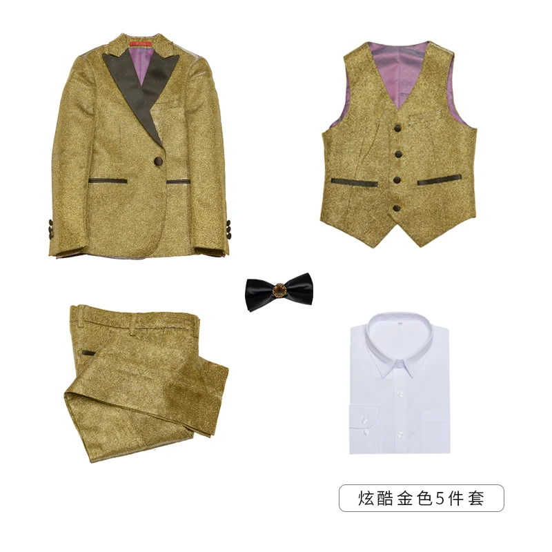Golden five-piece su Longqibao high-end для косюма мальчика жилет вспышки цвет комплект ювелирных изделий для мальчиков с цветочным узором для мальчиков хост Детский комплект Фортепиано костюм маленький костюм - Цвет: Golden five-piece su