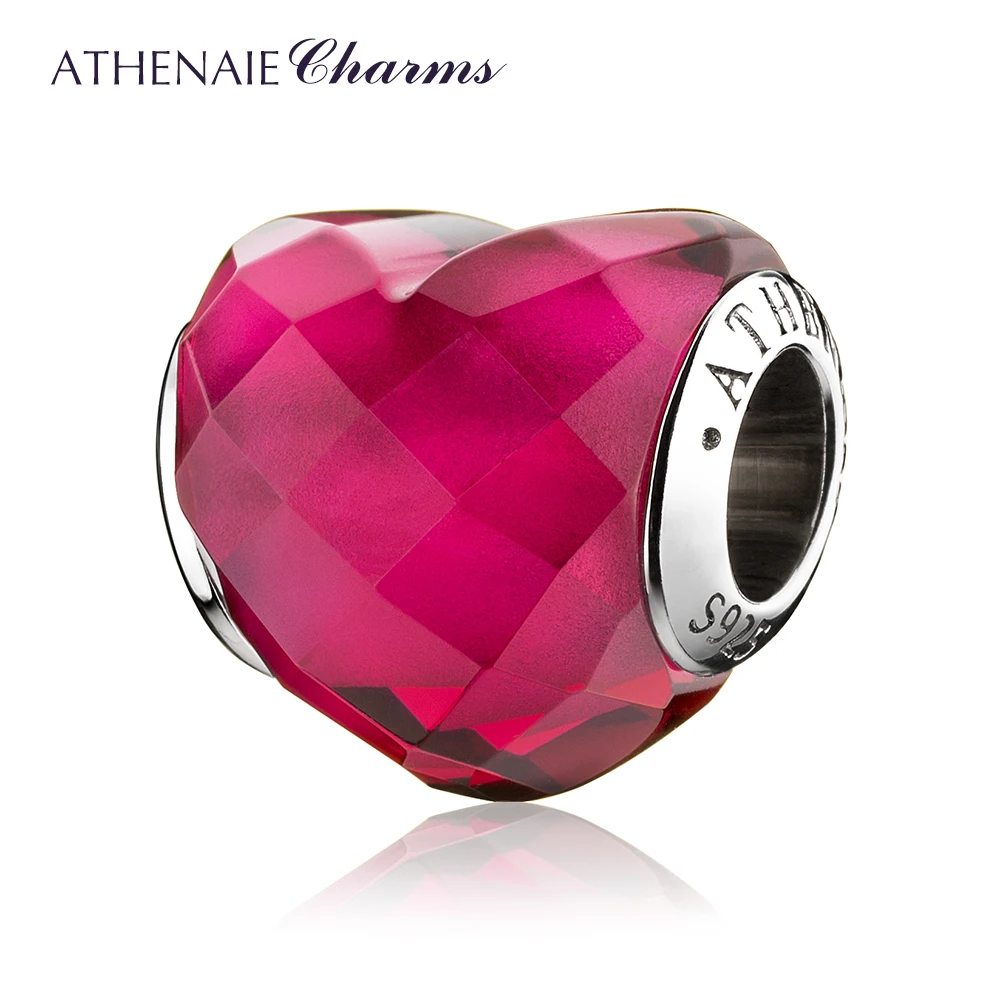 ATHENAIE Original 925 Sterling Silver Heart Shape of Love Fuchsia Beads for Charms Bracelet Jewelry Valentine's Mother's Day GIF