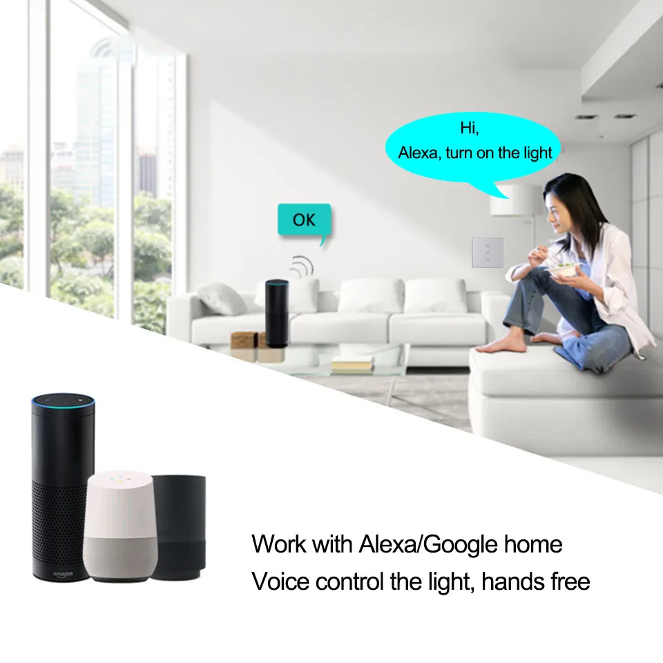 Умный настенный сенсорный выключатель серебристый с поддержкой Wi Fi 1/2/3 клавиши