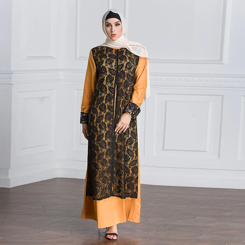 New dress female Muslim fake two-piece lace temperament women's Arabian robes large size M-7XL abaya | Тематическая одежда и