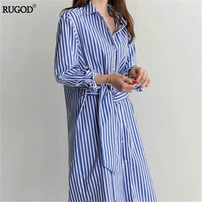 Rugod Blue Striped Tunic Shirt Dress Women Long Sleeve Elegant Straight Female Cusual Summer Office Ladies Vestidos | Женская одежда