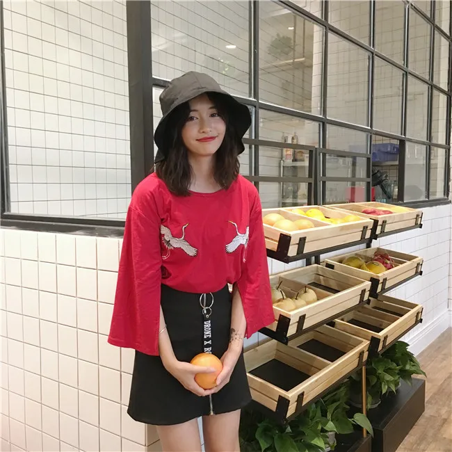 YouGeMan Женская футболка Летняя Корейская Ulzzang Harajuku Bf кран вышитая сплит рукавом