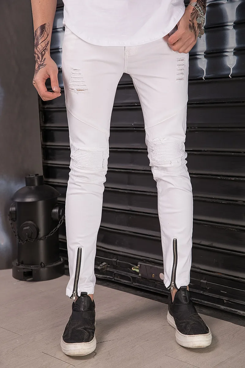 

Ripped Patchwork Ankle zipper Men Skinny white Jeans Hip-hop Beggar Style Holes High Street Motorcycle Casual Men Biker Jeans