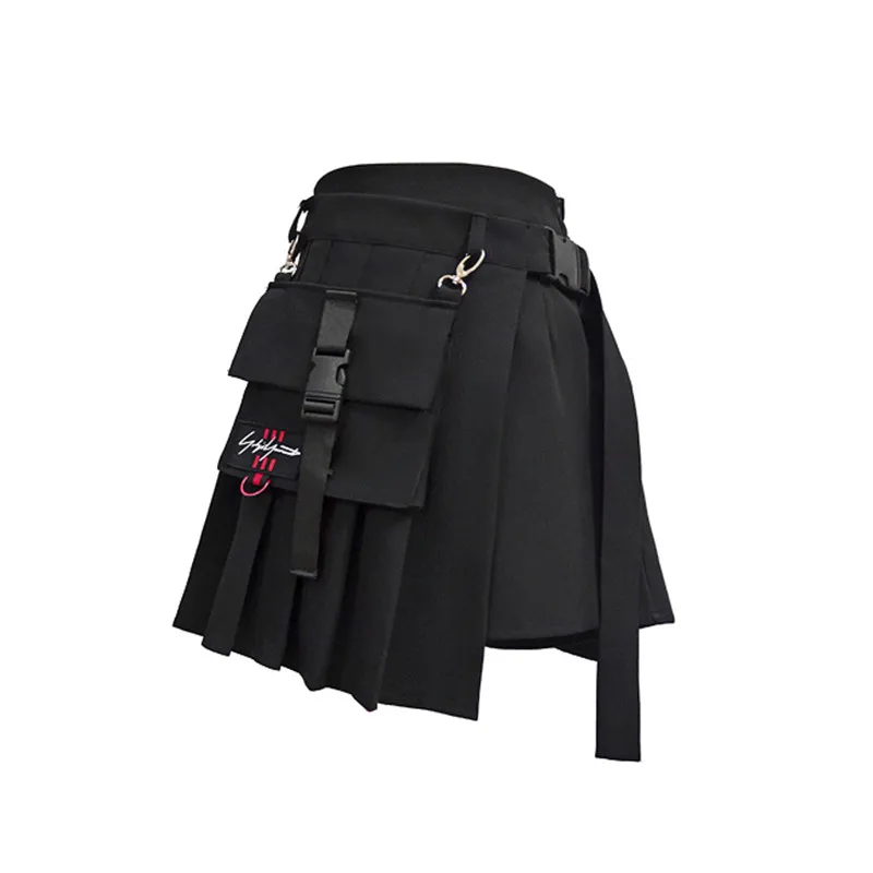 black skirt Уличная одежда в стиле Харадзюку темно-девичья юбка-карго с высокой талией со съемным карманом-цепочкой мини плиссированные юбки в клетку jupe femme - Цвет: black skirt
