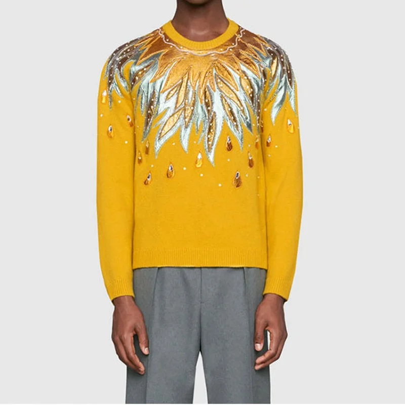 Fashion Brand Runway Designer Sweater Women Pullovers Diamonds Beading Embroidery Vintage Yellow Knitted Jumper 2019 pull femme | Женская