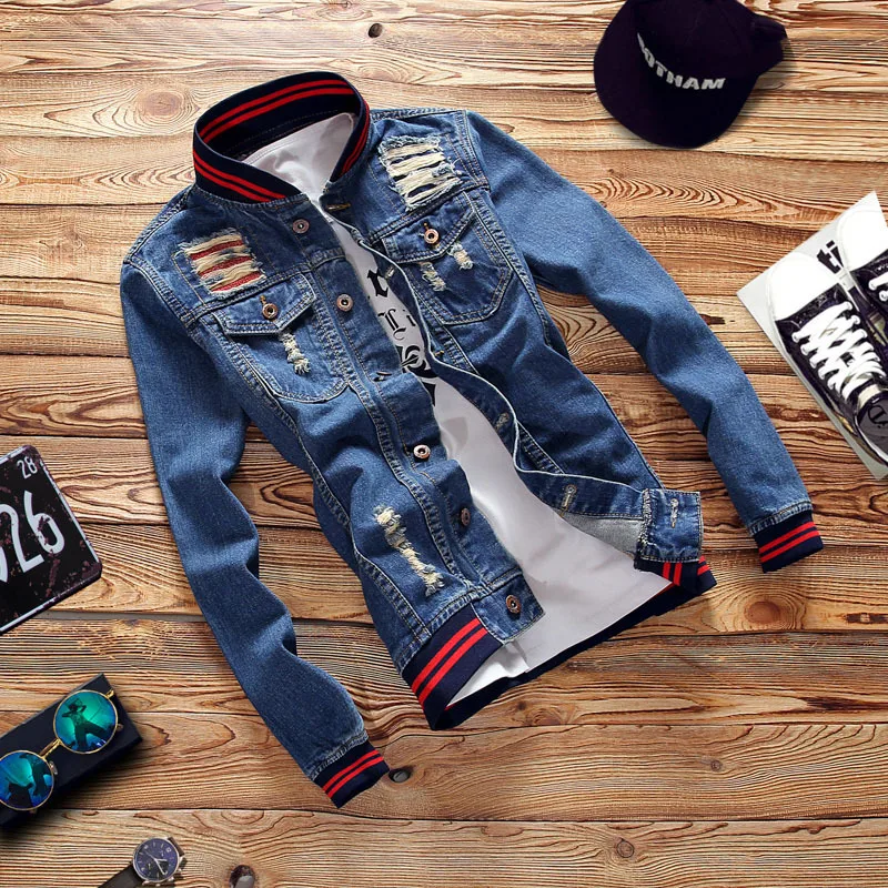 2019. Осенняя мужская модная джинсовая куртка с воротником разрывом|Мужские