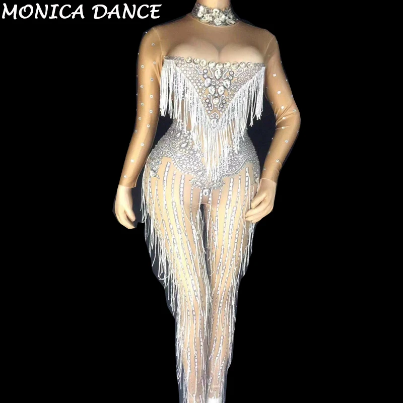 Women Sexy Sparkly Jumpsuit Stage Dance Fringes Birthday Nightclub Female Singer Bodysuit Costume Evening Celebrate Party Outfit