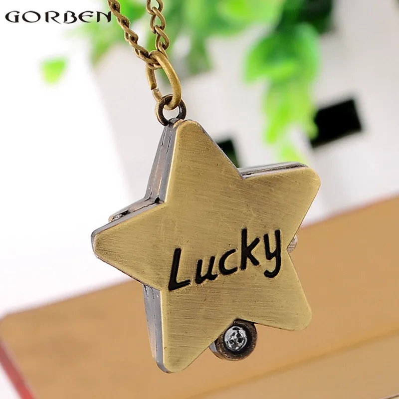 

New Bronze Pocket Watch Men Women Lucky Star Shape Lovely Quartz Fob Watches Gifts With Chain Necklace Pendant Girl Lady P306