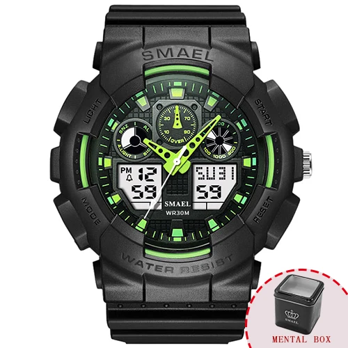 Green Box SMAEL, мужские часы, большой циферблат, электронные часы, Автоматическая Дата, повседневные, для дайвинга, кварцевые часы, цифровые, 1027, мужские, светодиодный, спортивные часы - Цвет: Green Box