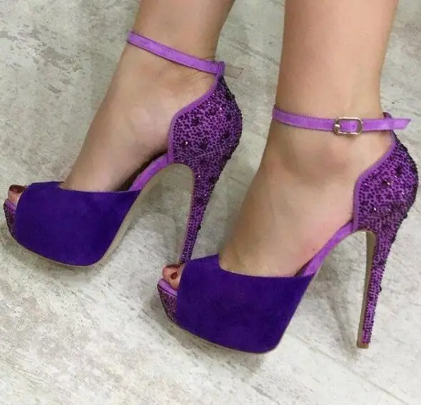 

Moraima Snc Newest Purple Ankle Strap Platform Peep Toe Heels Sexy Crystal Embellished Woman High Heel Shoes Dress Pumps