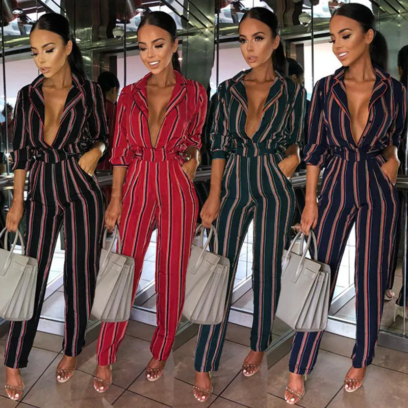 fashion striped printed jumpsuits for women 2018 turn down collar long rompers womens jumpsuit autumn new overalls femininos | Женская