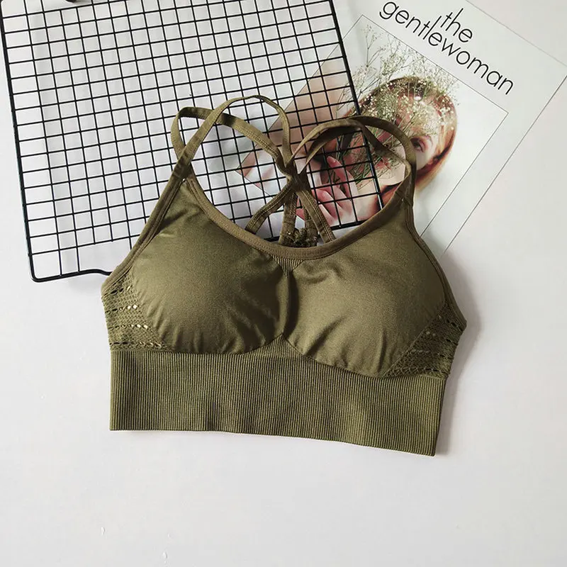 army green Энергетический бесшовный бюстгальтер для йоги с перекрестными ремешками на спине, спортивный бюстгальтер для бега со съемными подушечками, спортивный женский топ для фитнеса, одежда для активного отдыха - Цвет: army green