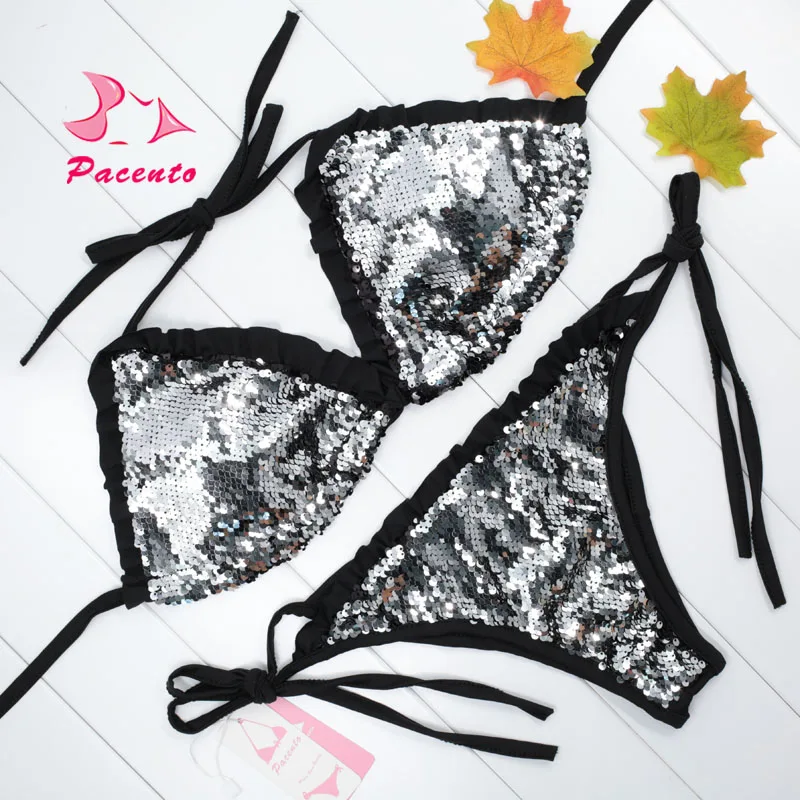 Pacento/пикантные Блёстки бикини черный бразильский купальник Для женщин повязки