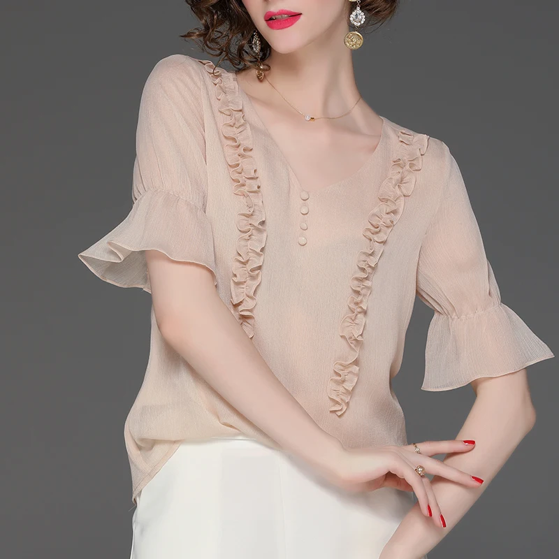 Темпераментная Женская шифоновая блузка с рюшами чистый абрикосовый цвет