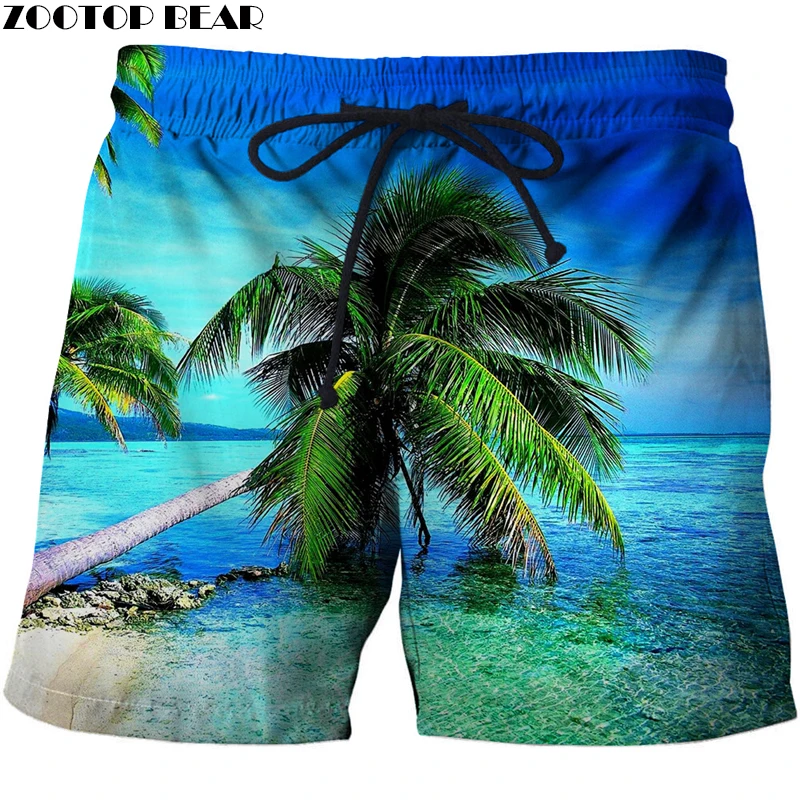 

Loose Elastic Waist Men T Shorts Quick Dry Bodybuilding Breathable 3D Printer Clothing Short Summer Coconut Palm Tree Beach Male