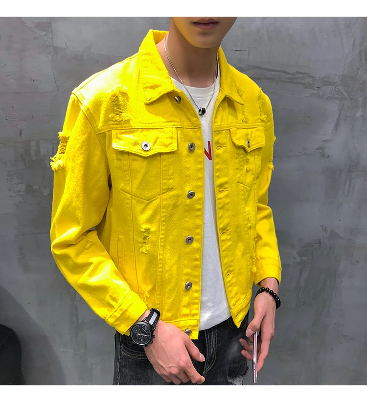 Jaqueta masculino, осенняя Новинка, джинсовая куртка для мужчин, отложной воротник, простая свободная Мужская куртка, для влюбленных, с длинным рукавом, с дырками, джинсовая куртка для мужчин