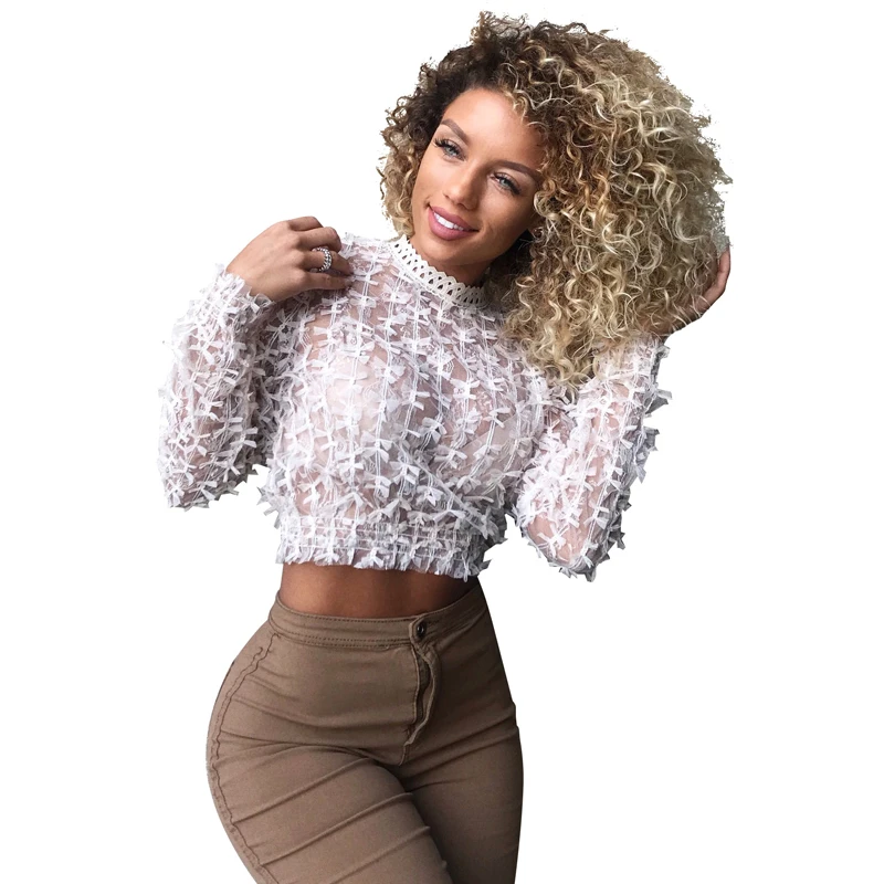 

2019 Women Sexy Club Blouse Long Sleeve Transparent Tees Crochet Beach Tops See Through Mesh Hollow Out Shirts Party Clubwear