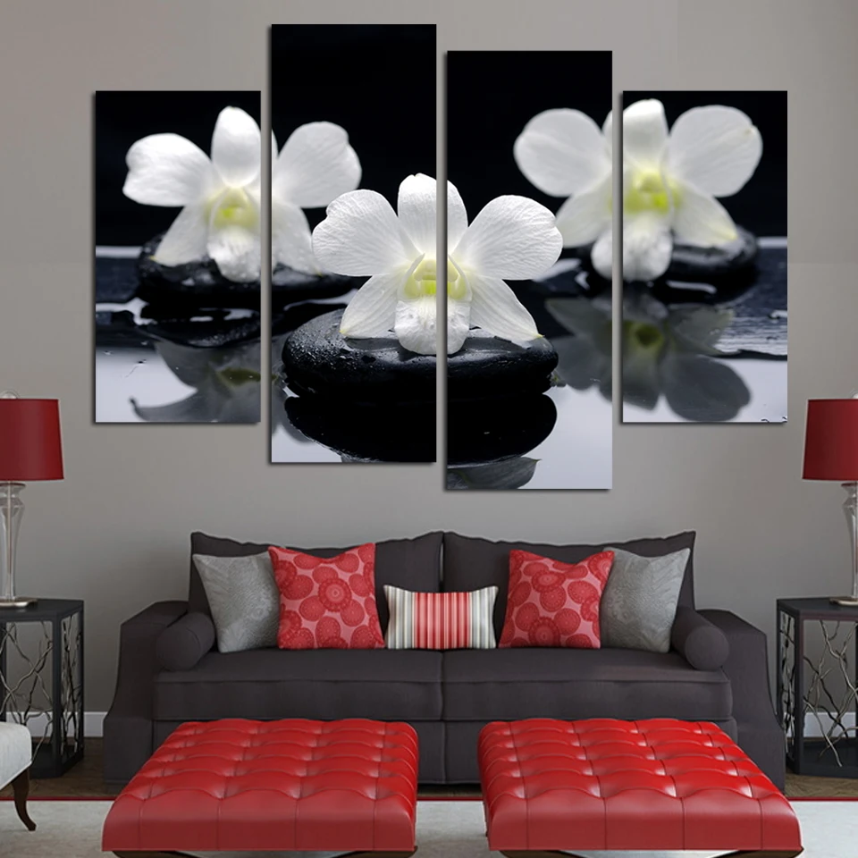 

Hot sell 4 Panels Black White Flower Canvas Painting Combined Oil Painting Hanging On The Wall free shipping