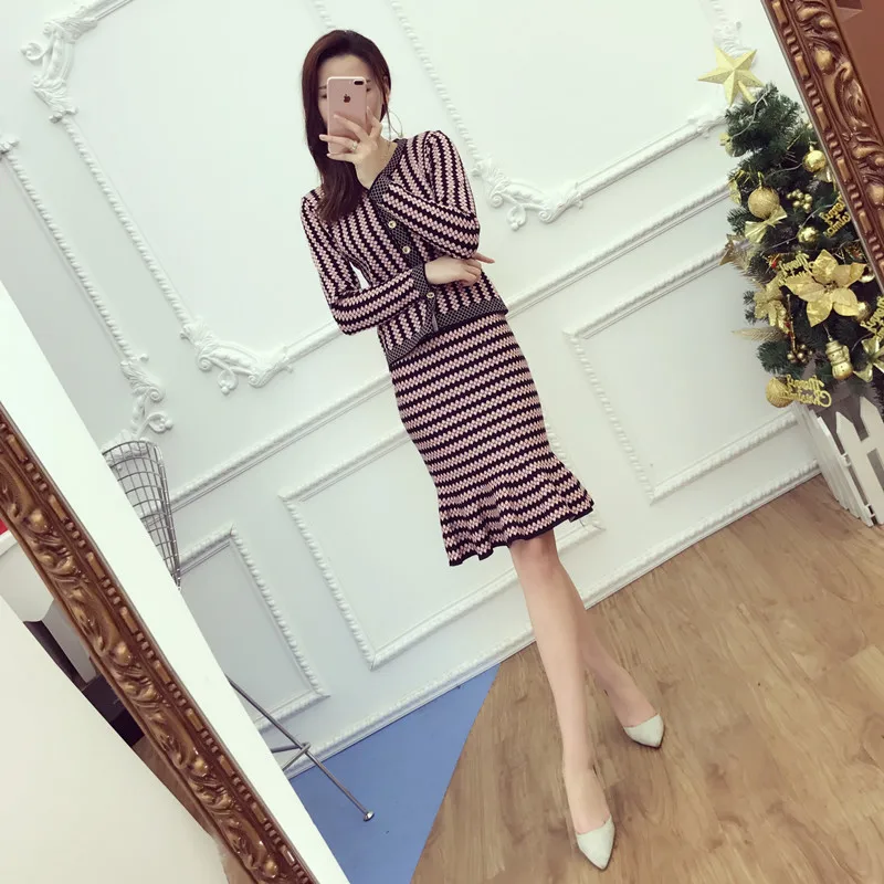 2017 офисный женский элегантный вязаный кардиган + ступенчатая юбка комплект из 2
