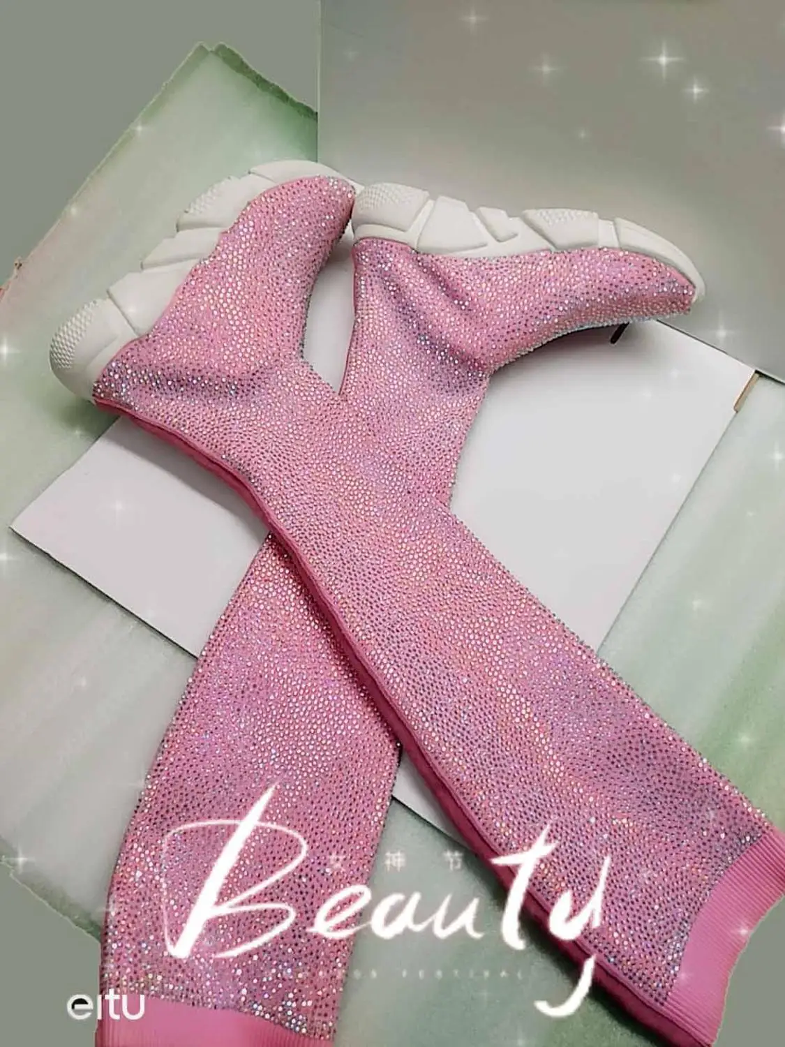 pink Новая модная повседневная обувь со стразами длинные эластичные носки Спортивная обувь блестящие тонкие сапоги выше колена женские размеры 34-45 - Цвет: pink