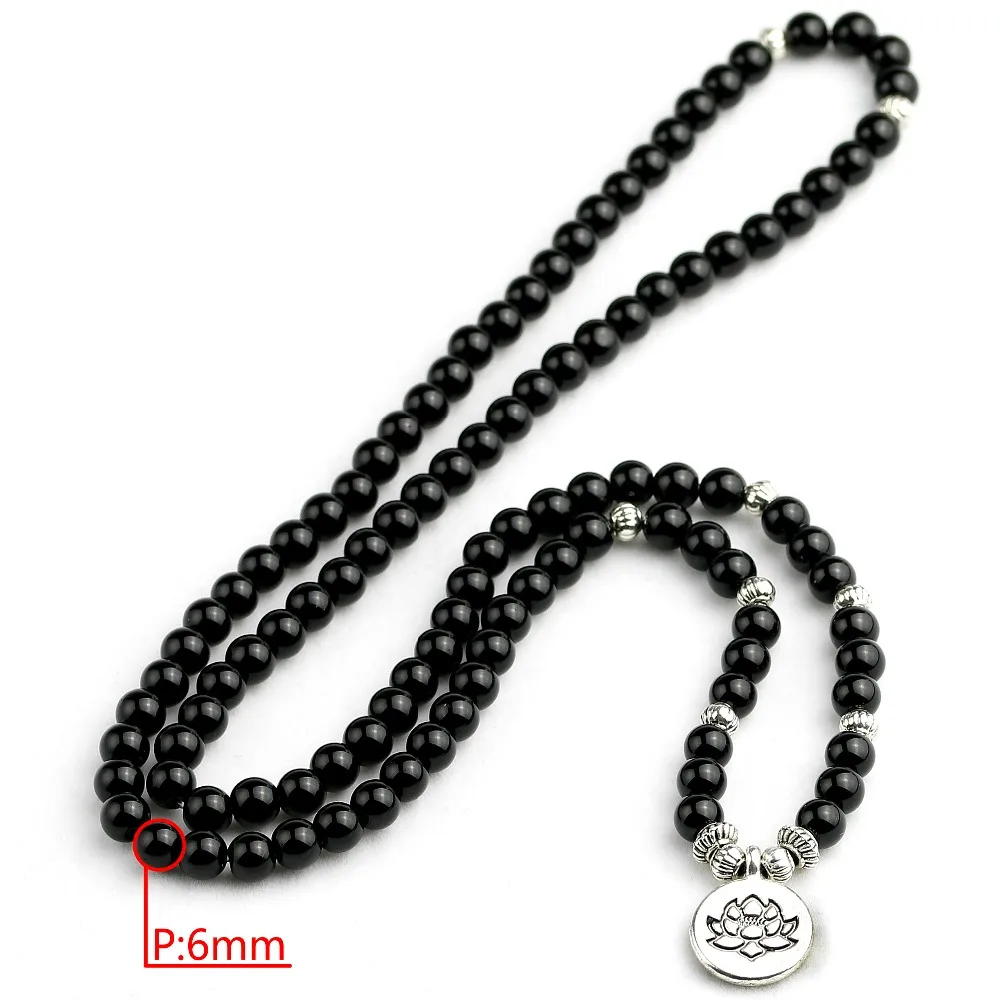 New Design Lotus Charm Pendant Elastic 108 Pcs Mala Bright Black Onyx Stone Bead Bracelet Men Women Jewelry | Украшения и